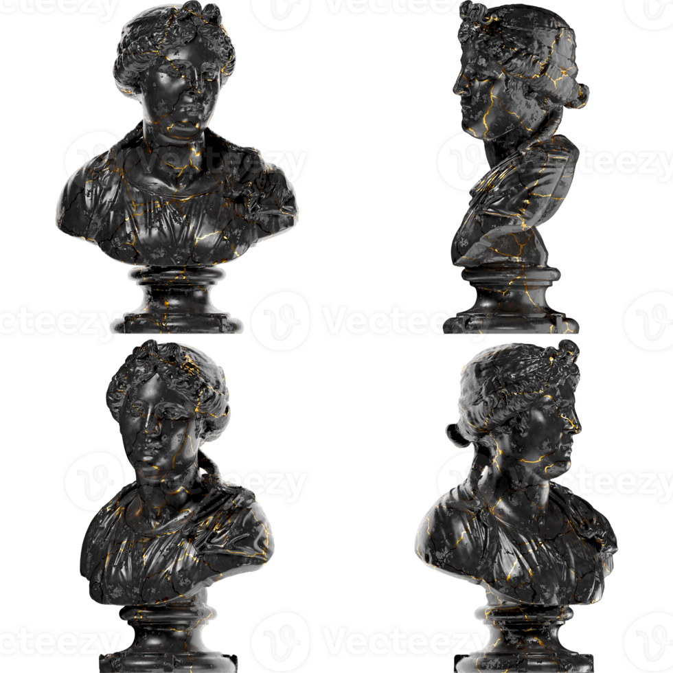 Bust of a young woman Black glossy marble and gold statue. Perfect for graphic design, social media png