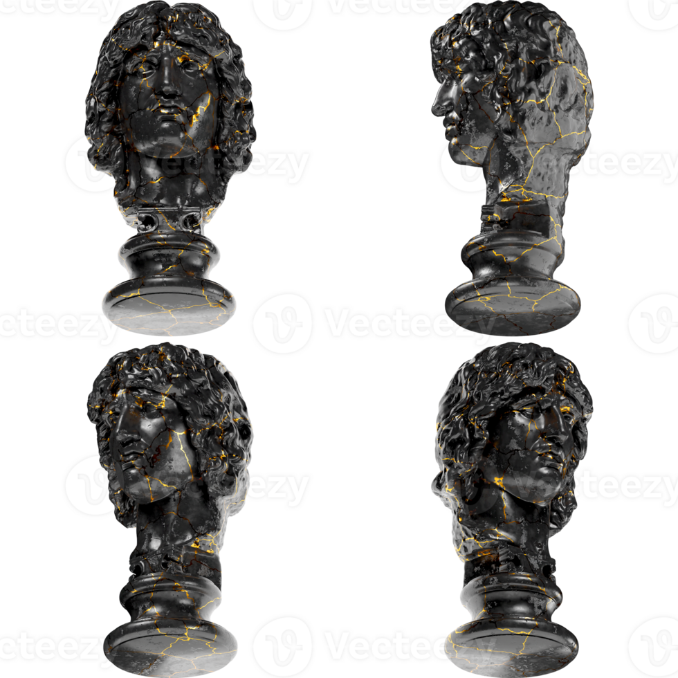 Head of a Barbarian Chief A stunning black marble statue with golden accents for artistic projects png