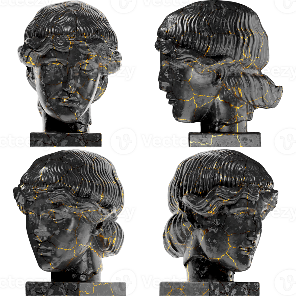 Head of Orpheus A captivating black marble statue with golden accents for artistic projects png