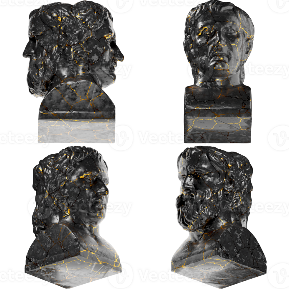 Double Herm of Aristophanes and Menander Black glossy marble and gold statue graphic design websites png