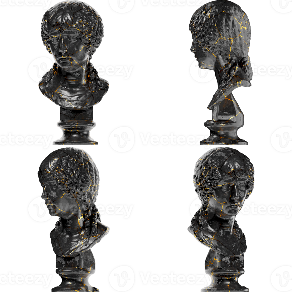 3D render of Portrait of Minatia Polla statue blend of black glossy marble and stunning gold accents png