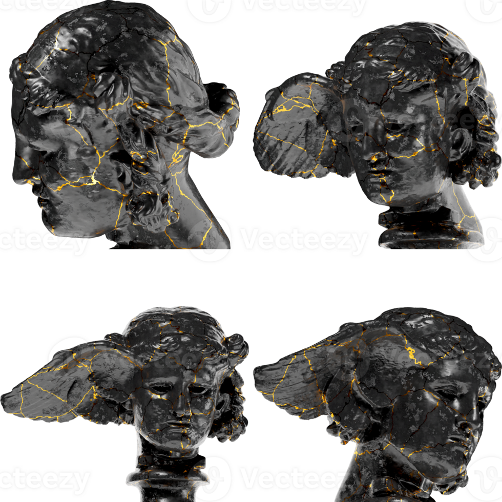 Exquisite 3D render of the Hypos statue, crafted in black glossy marble with luxurious gold accents png