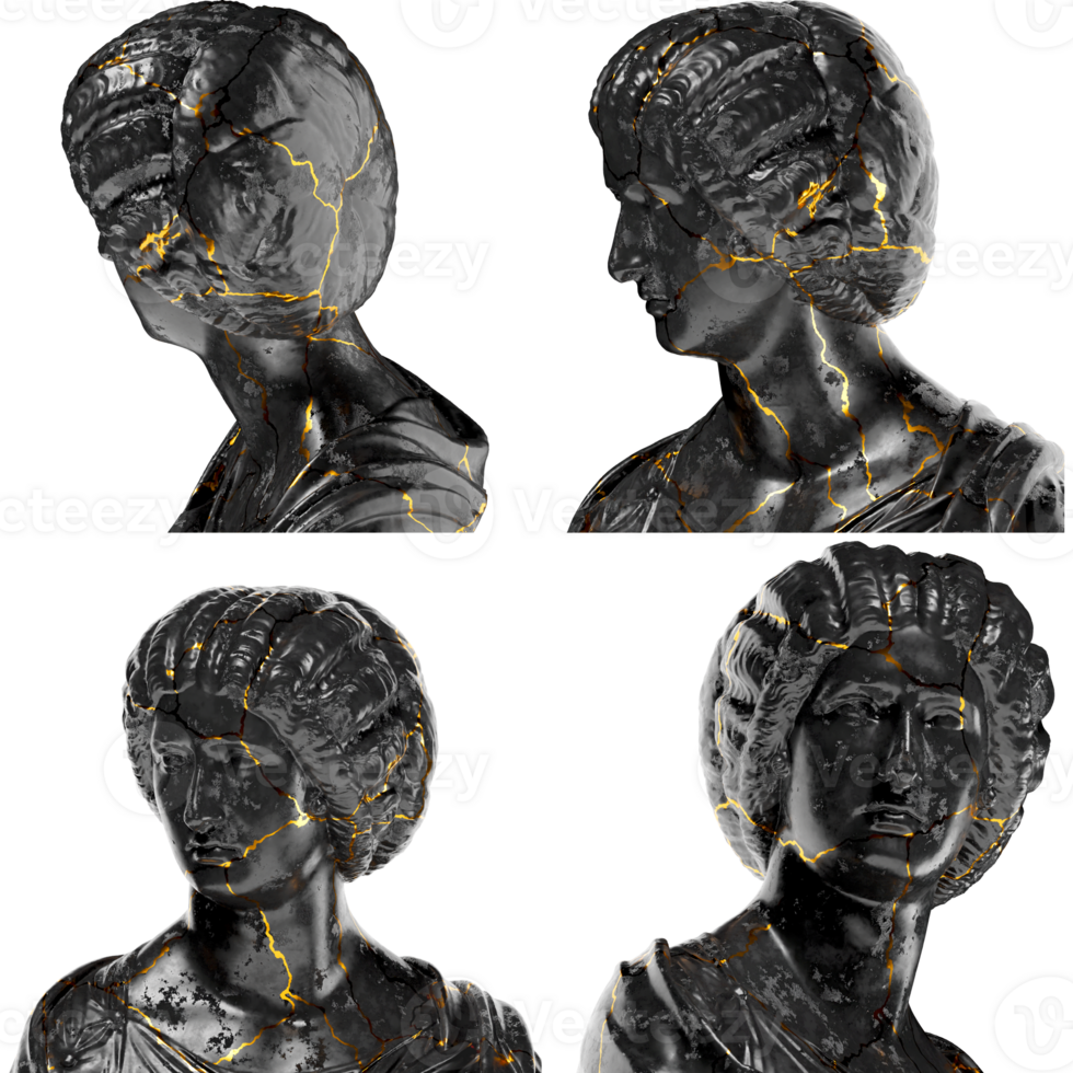 3D render of Portrait of a noble lady statue blend of black glossy marble and stunning gold accents png