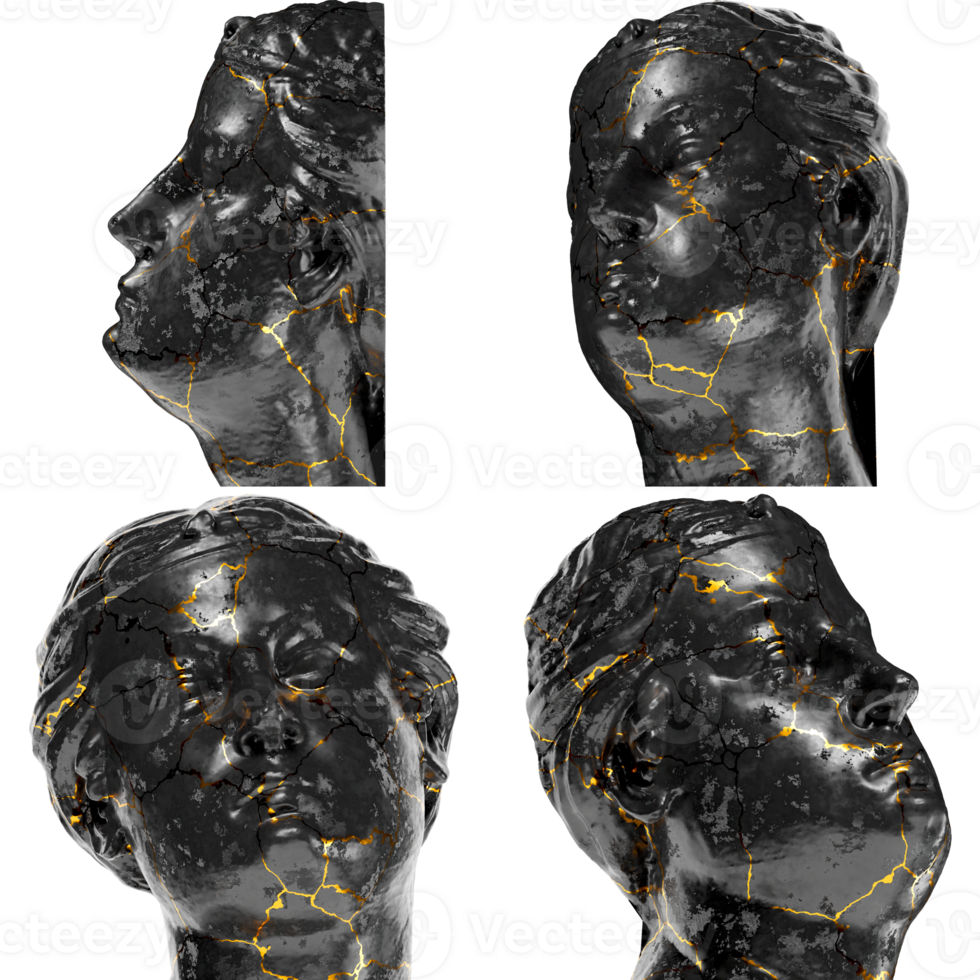 Head of an unwise Virgin A captivating black marble statue with golden accents for artistic projects png