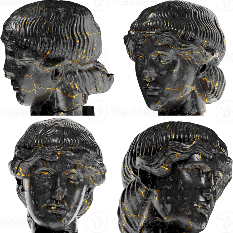 Head of Orpheus A captivating black marble statue with golden accents for artistic projects png