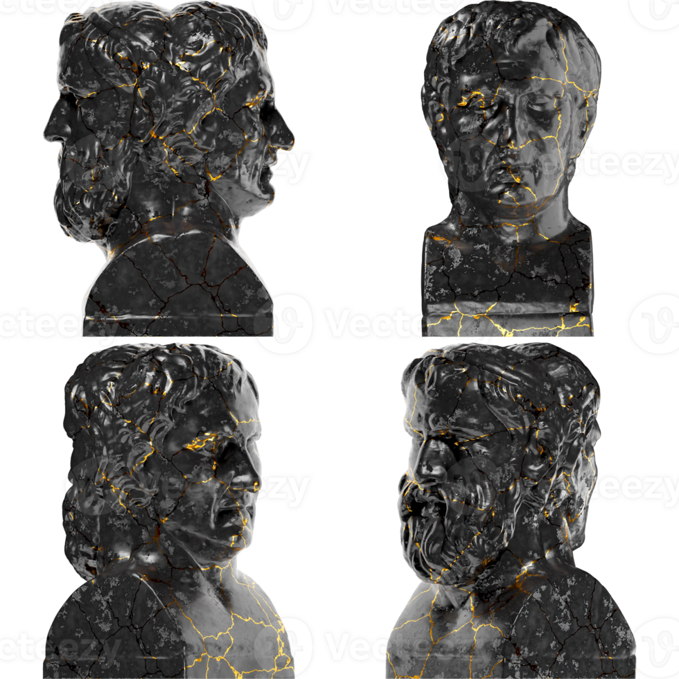 Double Herm of Aristophanes and Menander Black glossy marble and gold statue graphic design websites png