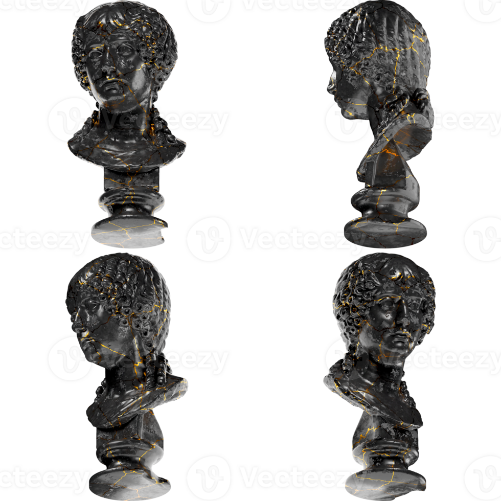 3D render of Portrait of Minatia Polla statue blend of black glossy marble and stunning gold accents png