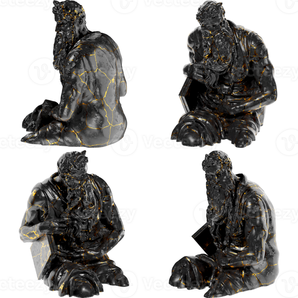 Exquisite 3D render of the Moses statue blend of black glossy marble and stunning gold accents. png