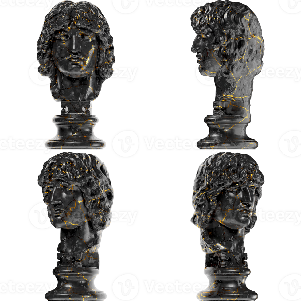 Head of a Barbarian Chief A stunning black marble statue with golden accents for artistic projects png