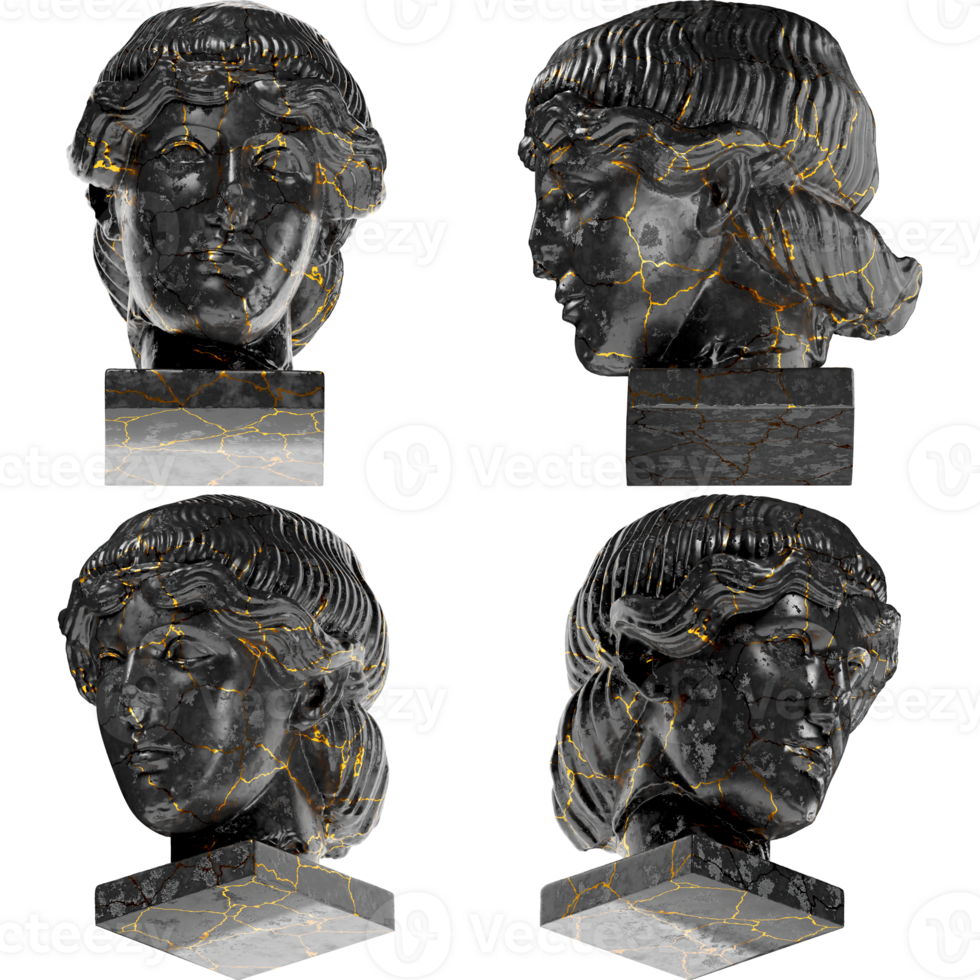 Head of Orpheus A captivating black marble statue with golden accents for artistic projects png