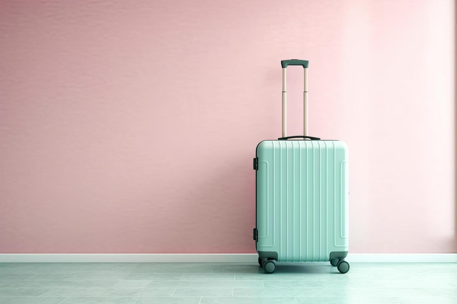 0591. Trolley suitcase in front of light pastel wall. photo