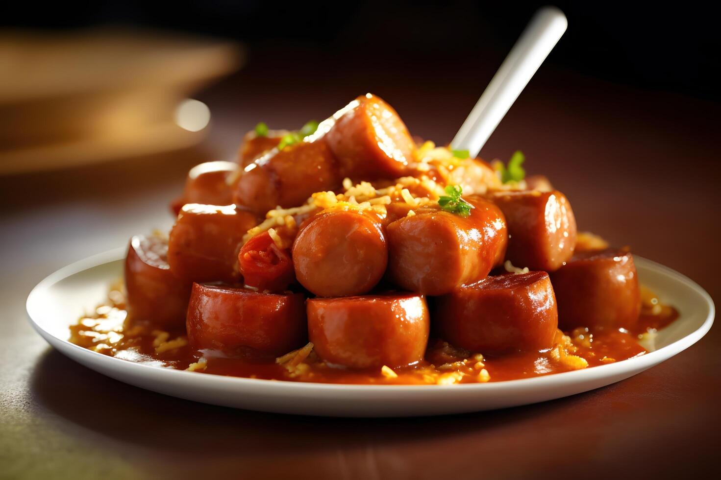 delicioso currywurst con salchicha y curry salsa, alemán estilo, generativo ai foto