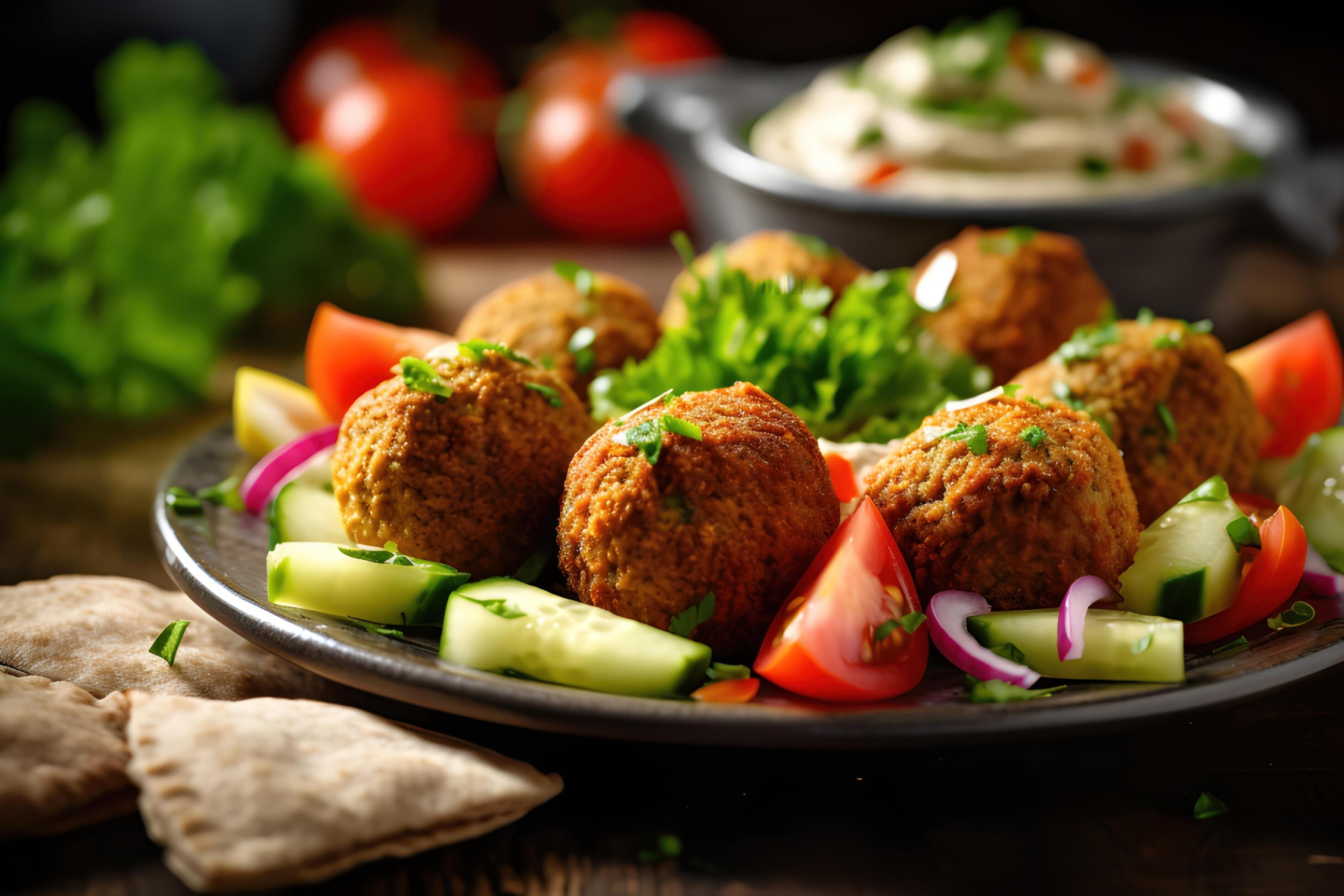 falafel with hummus, tahini, tomato and cucumber salad, Middle Eastern