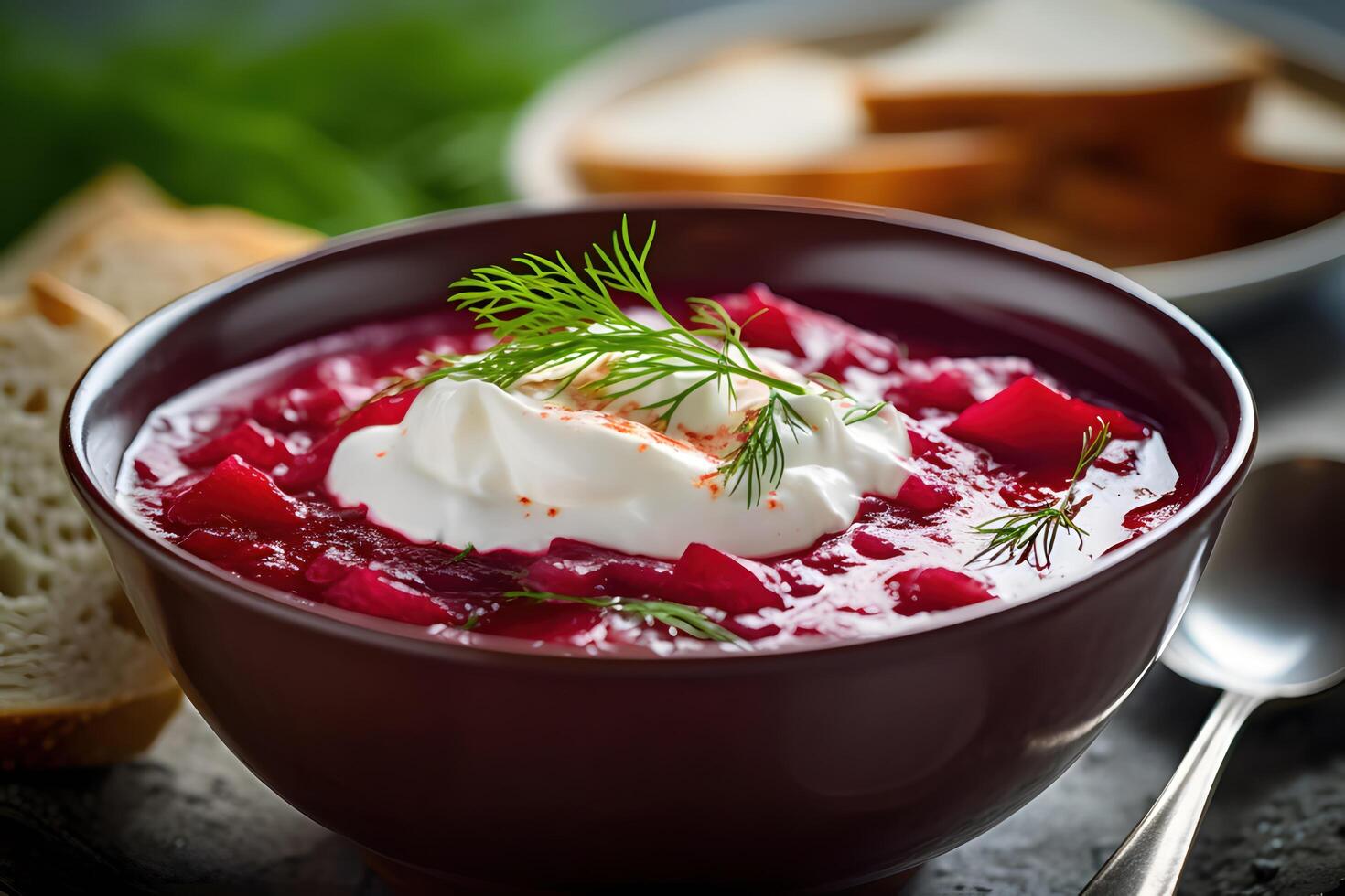 delicioso sopa de remolacha con raíz de remolacha y agrio crema, ucranio estilo, generativo ai foto