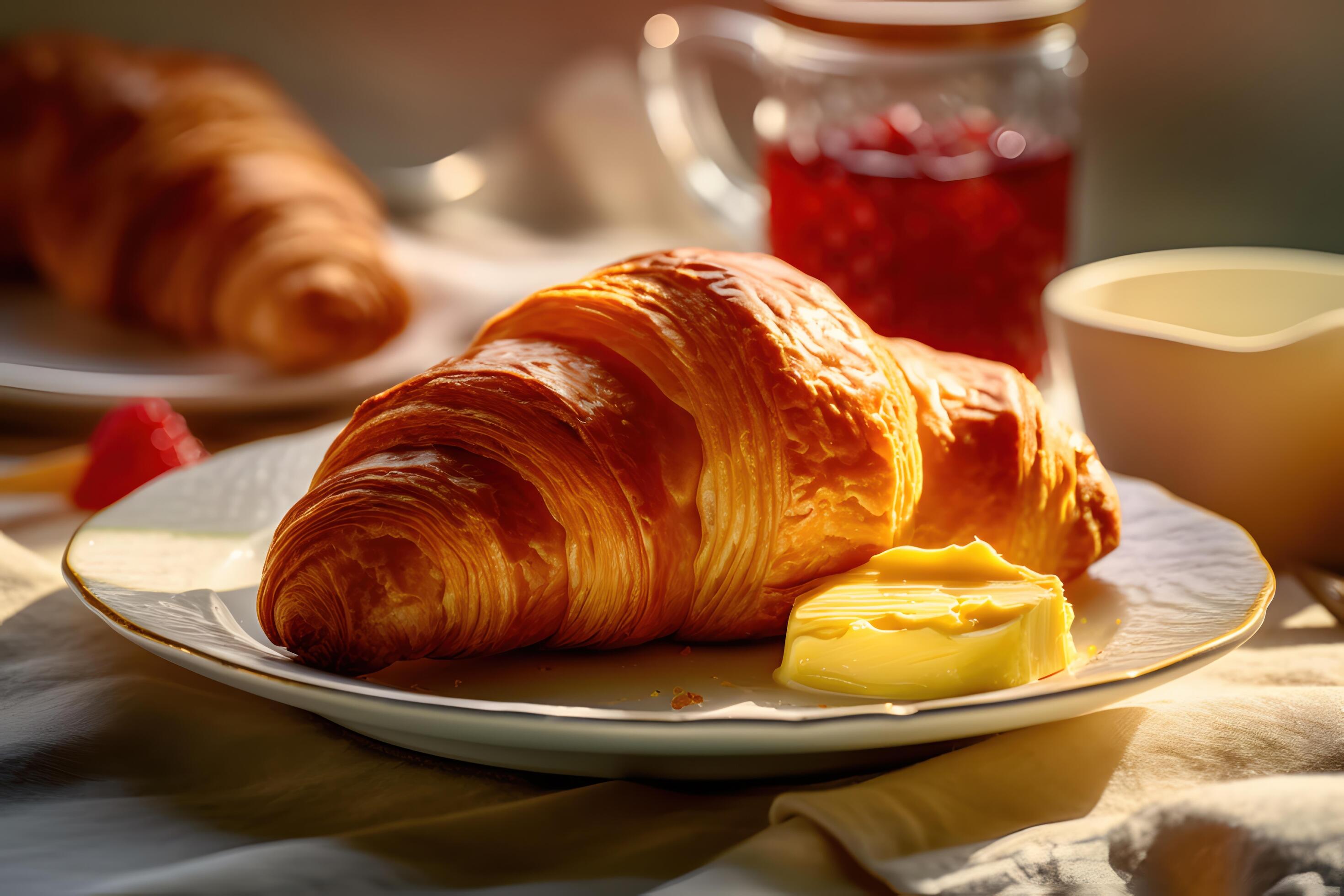 croissant with butter and jam, white plate and napkin background
