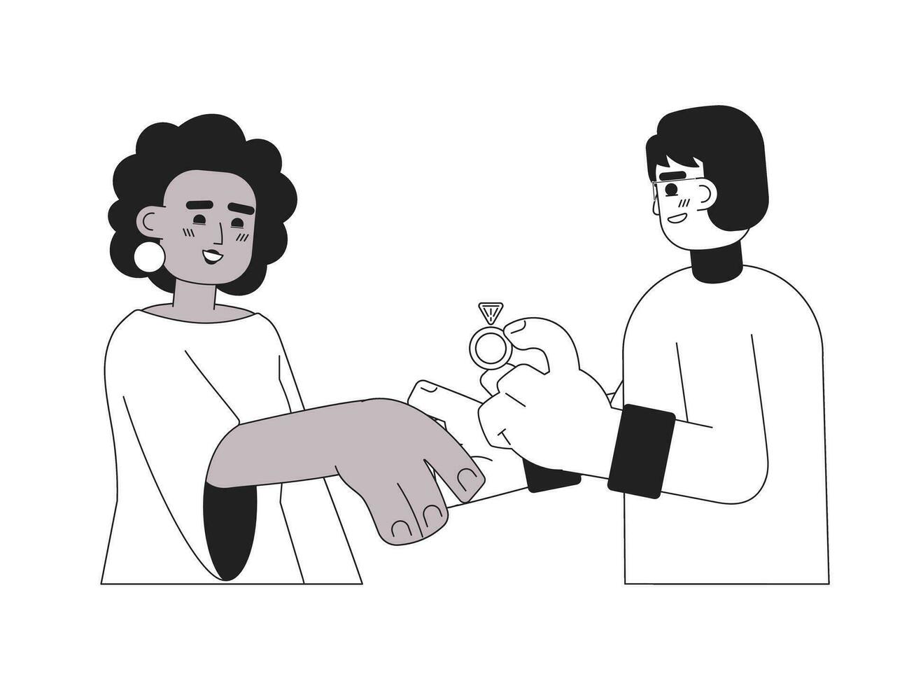 Engagement proposal monochrome concept vector spot illustration. Asian man proposing to black woman 2D flat bw cartoon characters for web UI design. Marry me isolated editable hand drawn hero image