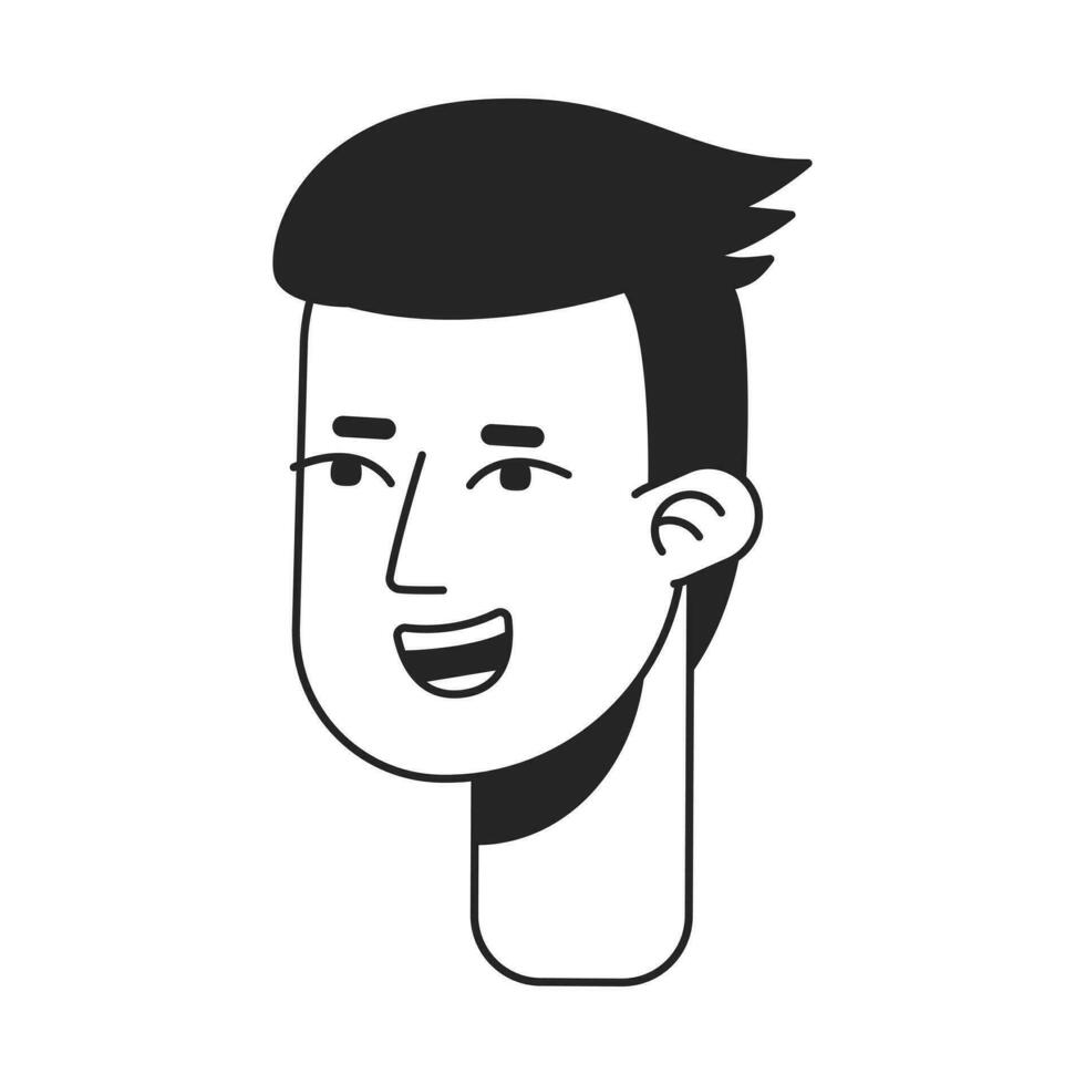 Laughing young man with slicked back hairstyle monochrome flat linear character head. Editable outline hand drawn human face icon. 2D cartoon spot vector avatar illustration for animation