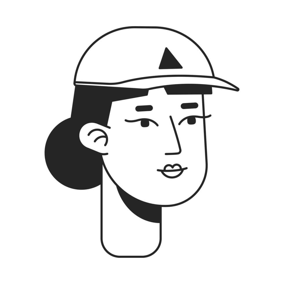 Pretty lady wearing fashionable baseball cap monochrome flat linear character head. Summertime. Editable outline hand drawn human face icon. 2D cartoon spot vector avatar illustration for animation