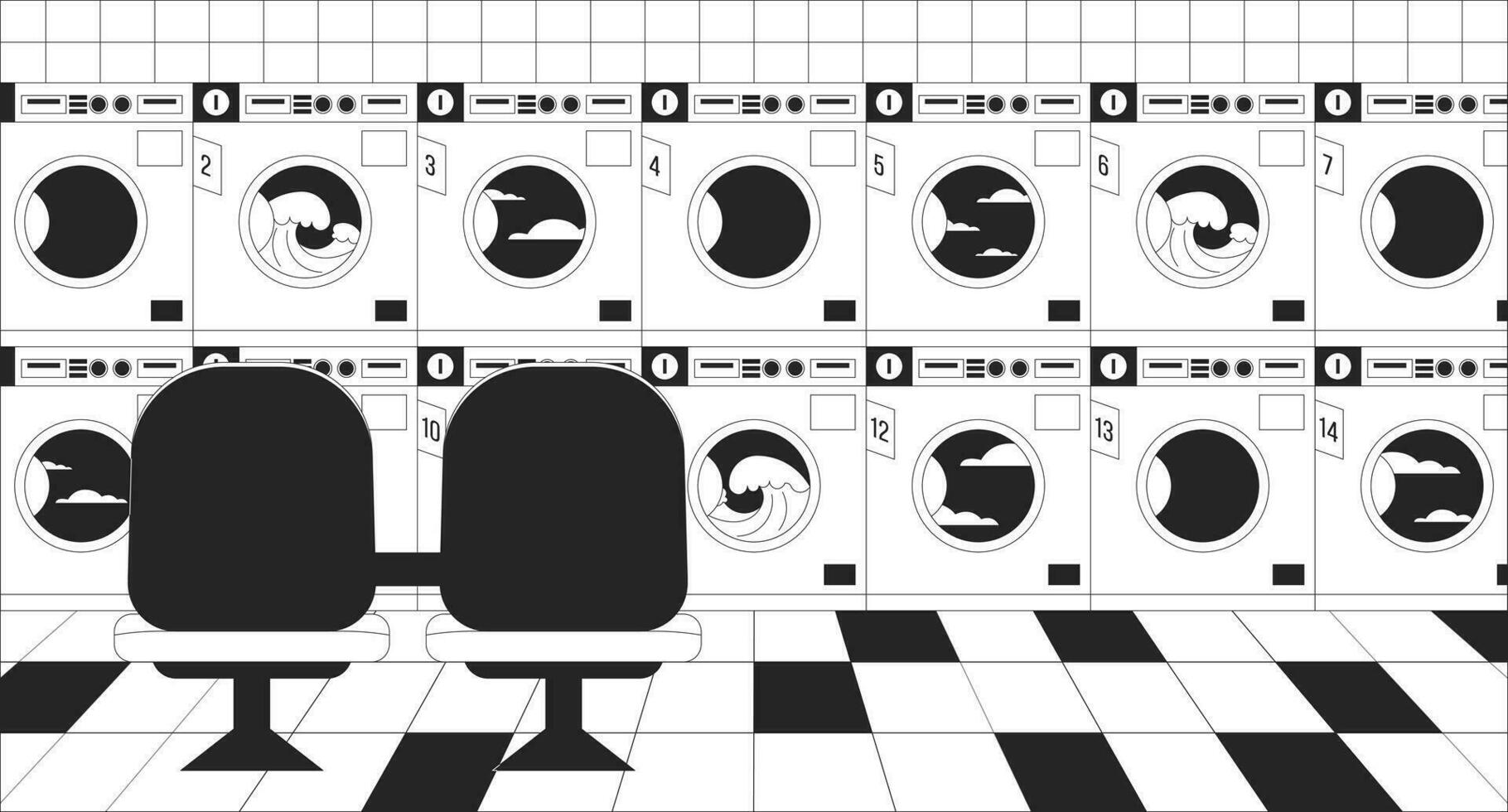 Public laundry room black and white lo fi chill wallpaper. Laundromat. Washing machines with chairs 2D vector cartoon interior illustration, minimalism background. 80s retro album art, line art