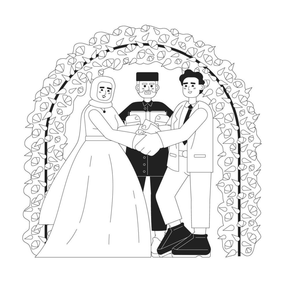 Nikah ceremony monochrome concept vector spot illustration. Young muslim couple making wedding vows with imam 2D flat bw cartoon characters for web UI design. Isolated editable hand drawn hero image