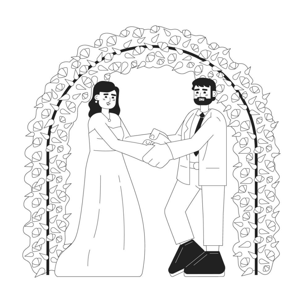 Commitment ceremony monochrome concept vector spot illustration. Newlyweds under flowers arch 2D flat bw cartoon characters for web UI design. American wedding isolated editable hand drawn hero image