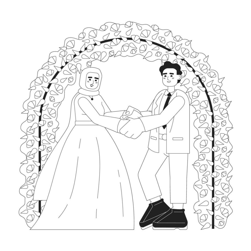 malayo Boda monocromo concepto vector Mancha ilustración. nupcial hijab mujer y novio 2d plano bw dibujos animados caracteres para web ui diseño. musulmán matrimonio aislado editable mano dibujado héroe imagen