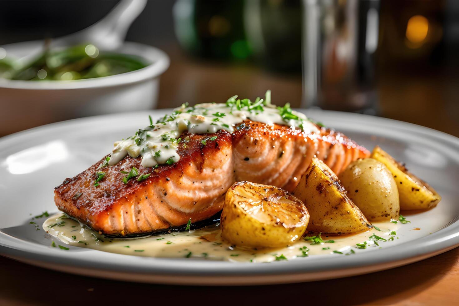 grilled salmon with lemon butter sauce, asparagus, and roasted potatoes, daylight, white porcelain plate background, Mediterranean style, photo