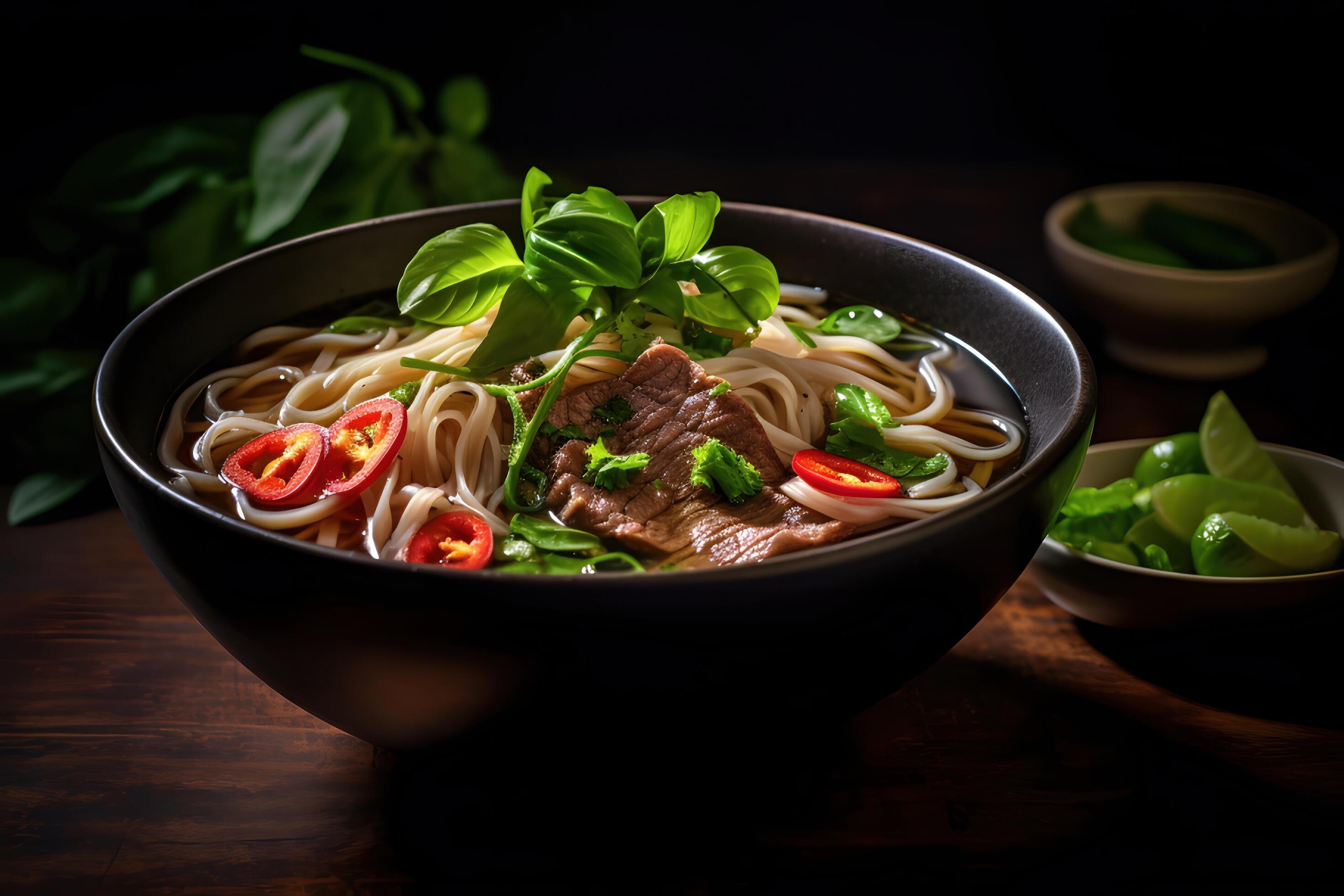 beef pho with noodles, bean sprouts, and basil, ceramic bowl background