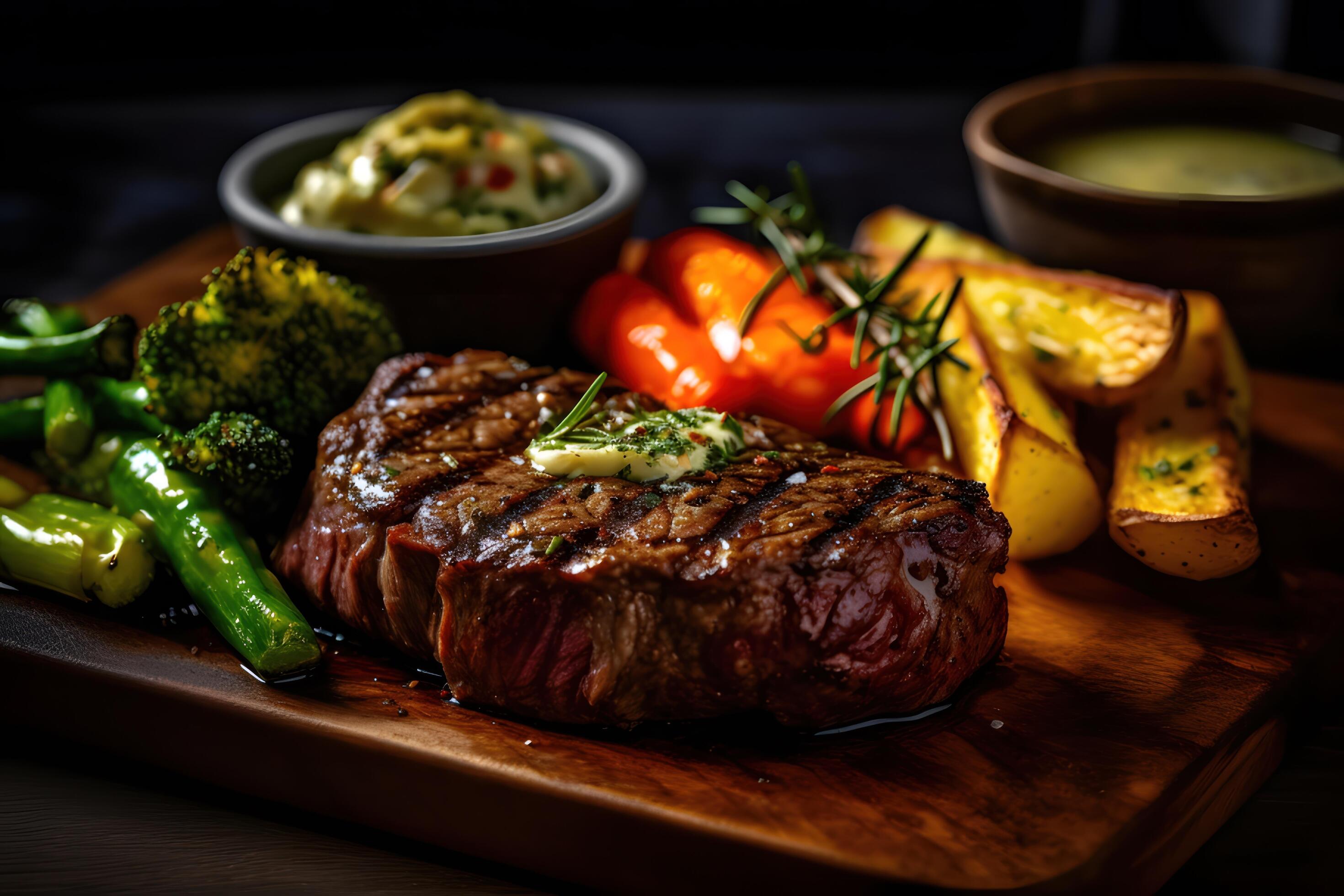 grilled steak with herb butter, roasted vegetables, American style 
