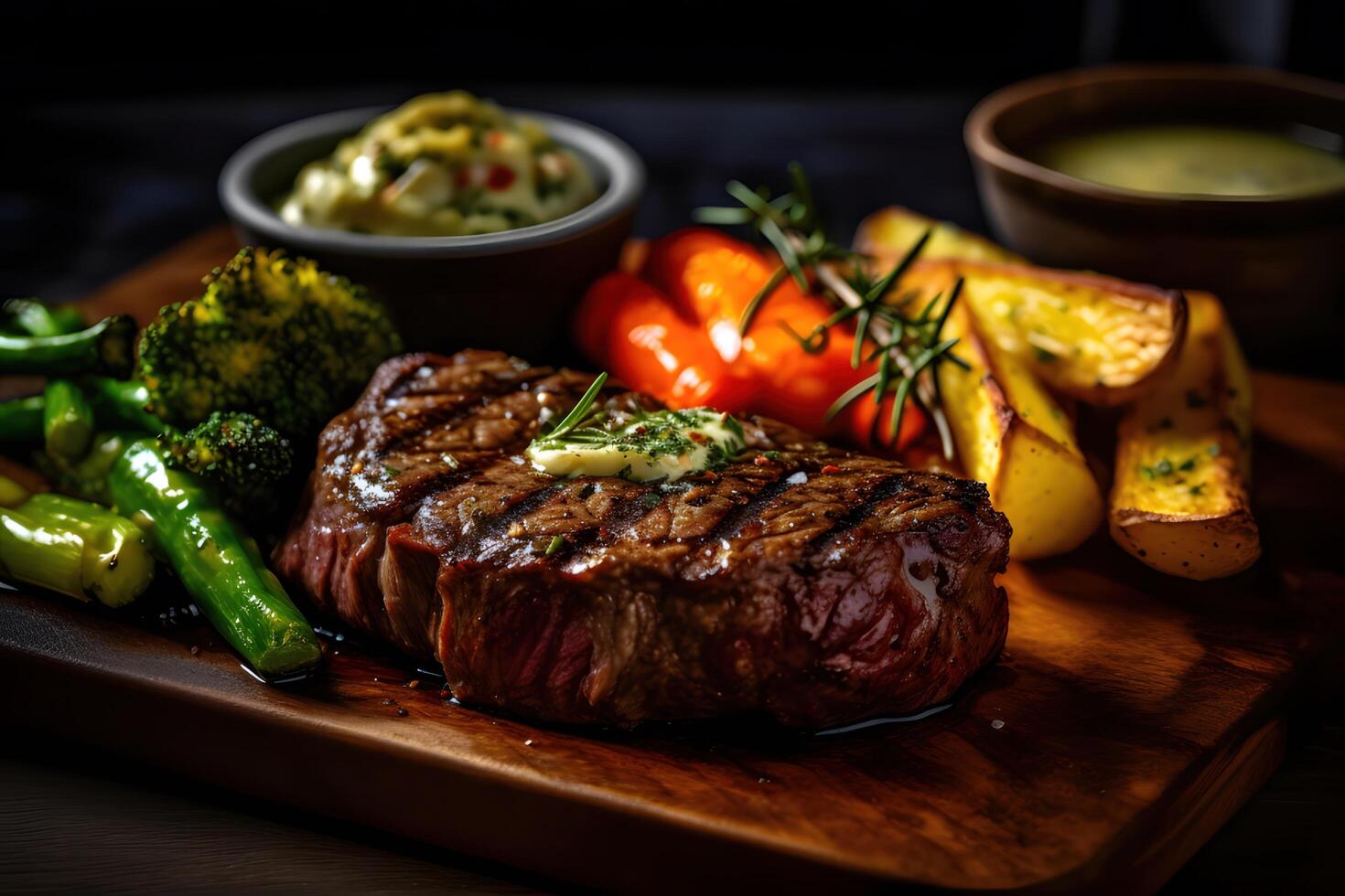 grilled steak with herb butter, roasted vegetables, American style, photo
