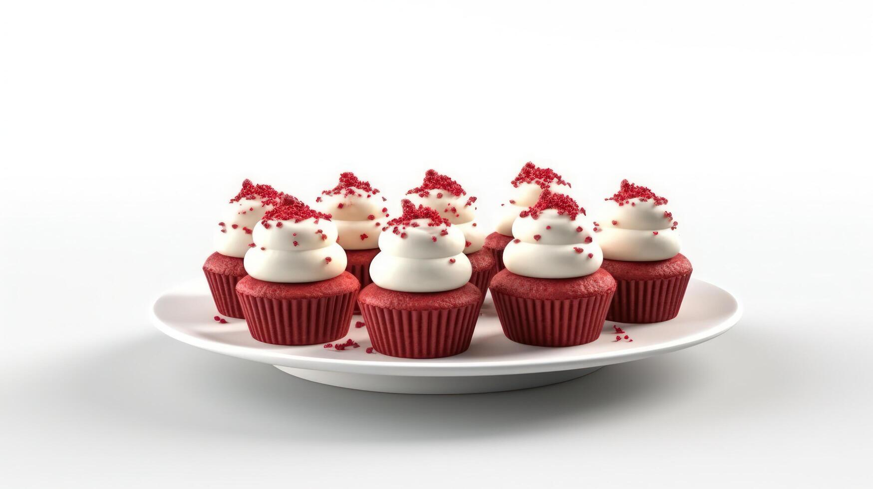 A plate of red velvet cupcakes with a cream cheese frosting and a sprinkle of red velvet crumbs, on a white background, photo
