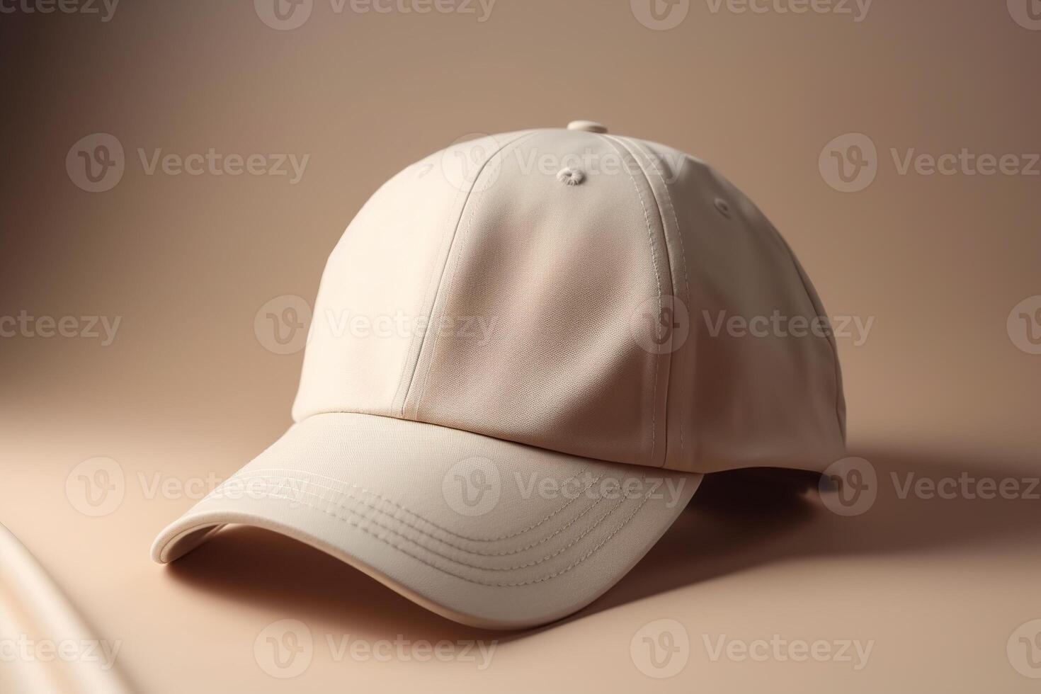 Beige blank cap on beige background. Baseball cap mockup, template. Copy space for text, logo, graphic, print. Basecap mock up. Close up view. . photo