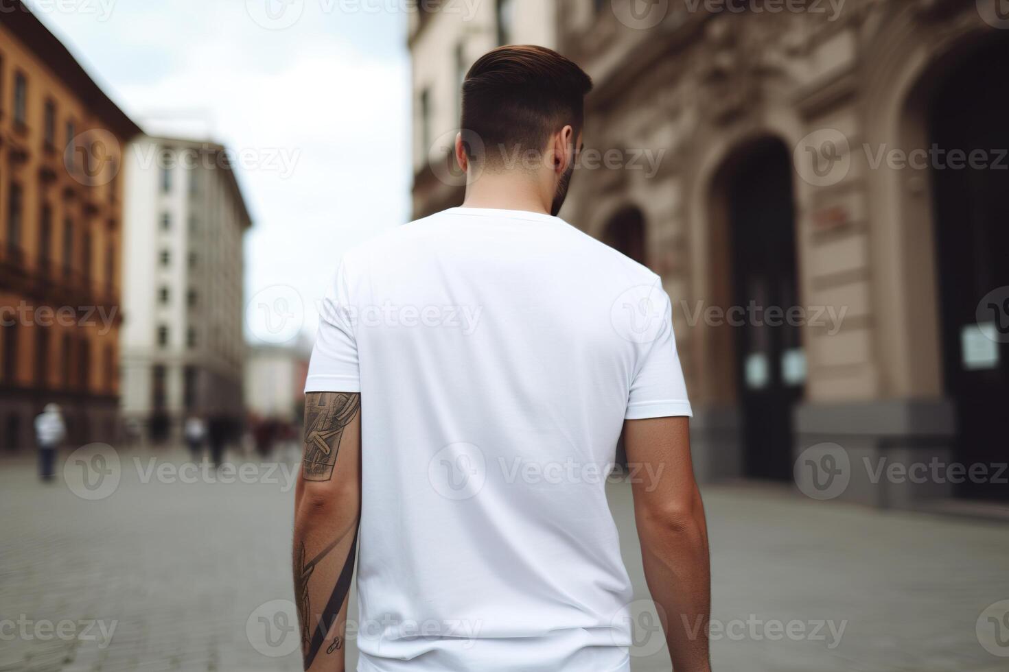 Young man with white blank T-shirt. Shirt mockup, template, back view. Copy space for text, logo, graphic, print. Tshirt mock up. Close up. . photo