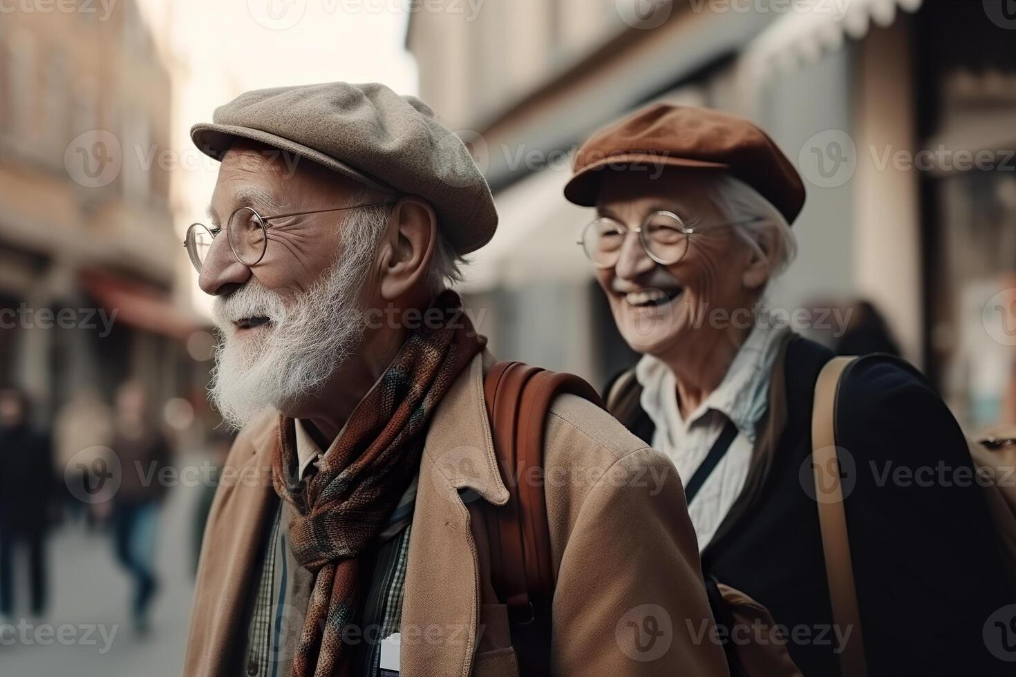 hermosa personas mayores Pareja al aire libre en el ciudad. sonriente antiguo gente. contento Jubilación. positivo envejecimiento. pensionistas son gozoso cada otro, bueno humor. frio sénior. retrato, cerca arriba vista. generativo ai. foto