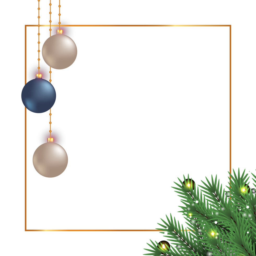 Christmas photo frame elements PNG. Transparent background with the blue and white color ball. Photo frame design with snowflake and decoration ball. Realistic 3D frame PNG with pine tree elements.