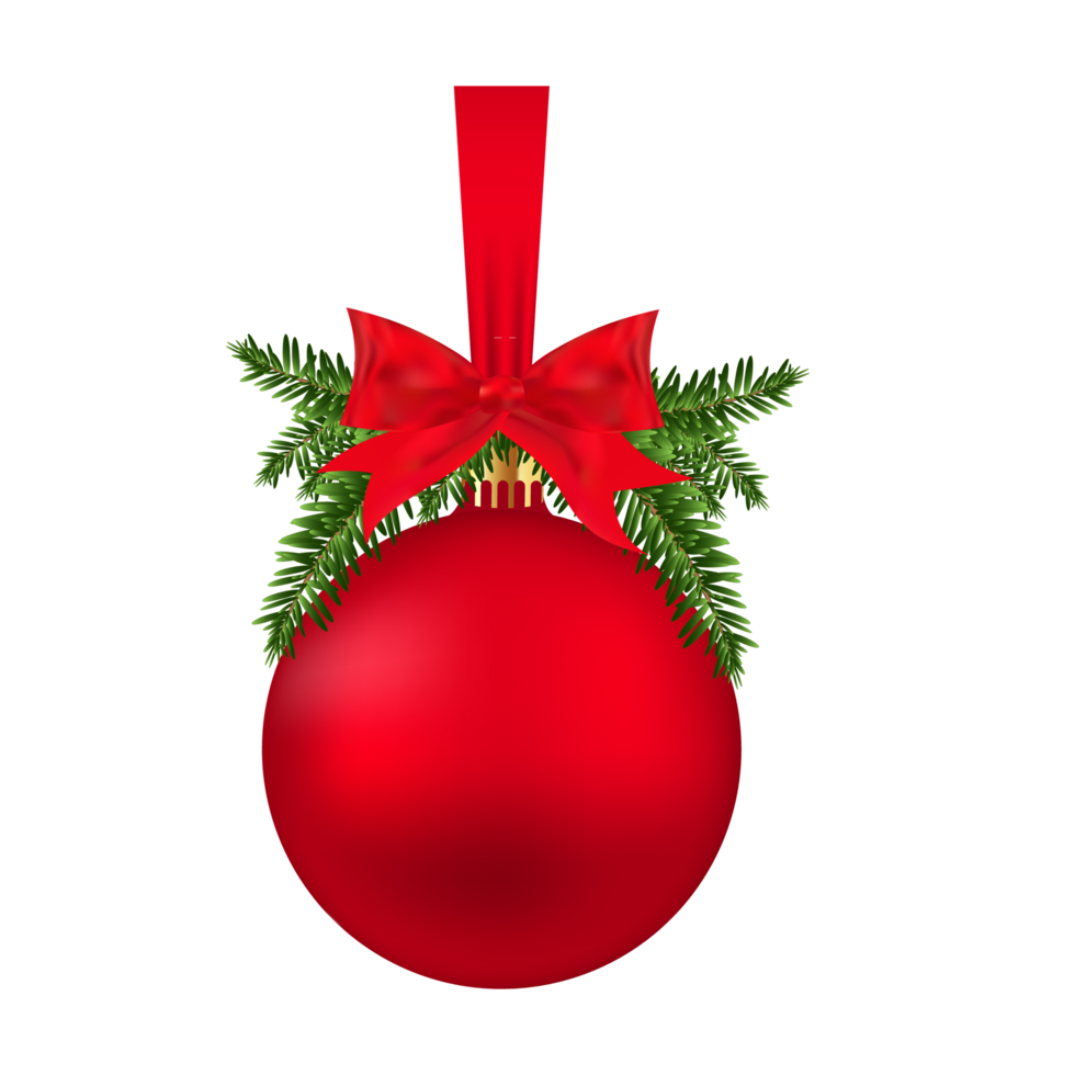 Natale palla con rosso nastro e verde le foglie png. natale rosso decorazione palla con rosso nastro e arco. allegro Natale elemento, natale sfera, pino foglie, natale nastro, Natale foglia png. png