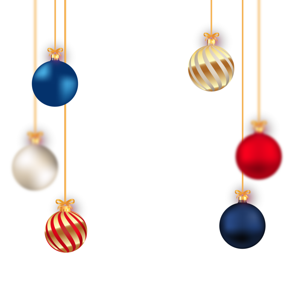 Christmas transparent background with luxurious red, blue, white, and golden decoration balls. 3D ball PNG with multiple colors on a transparent background. 3D realistic balls with calligraphy.