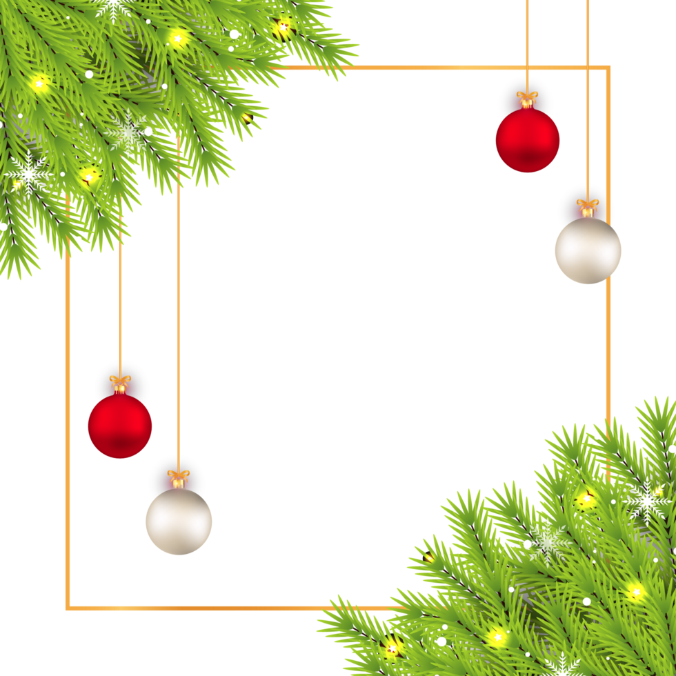 Christmas social media banner PNG with pine leaves. Banner with leaves, white balls, and red balls. Christmas banner on a transparent background. Christmas social media posts with decorative elements.