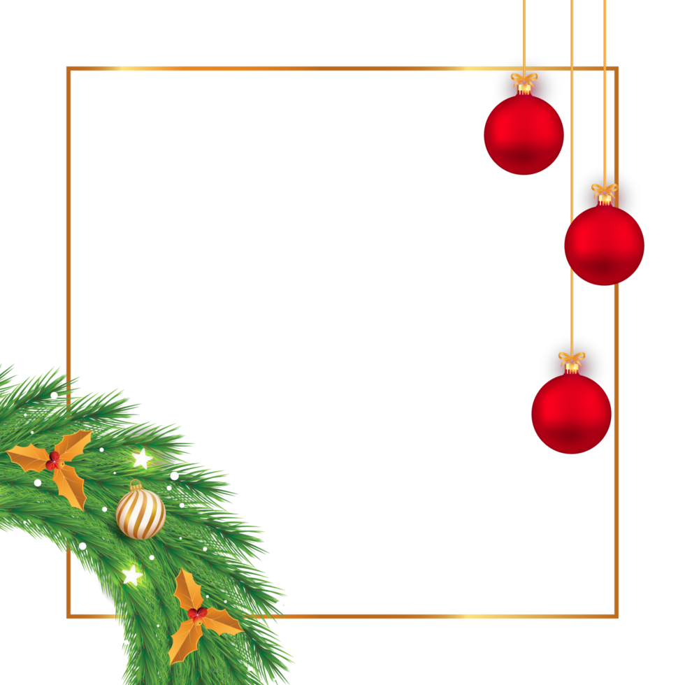 Christmas photo frame PNG with red and golden color decorative balls. Christmas photo frame PNG with golden leaves and green color wreaths. Christmas transparent background with other ornaments.