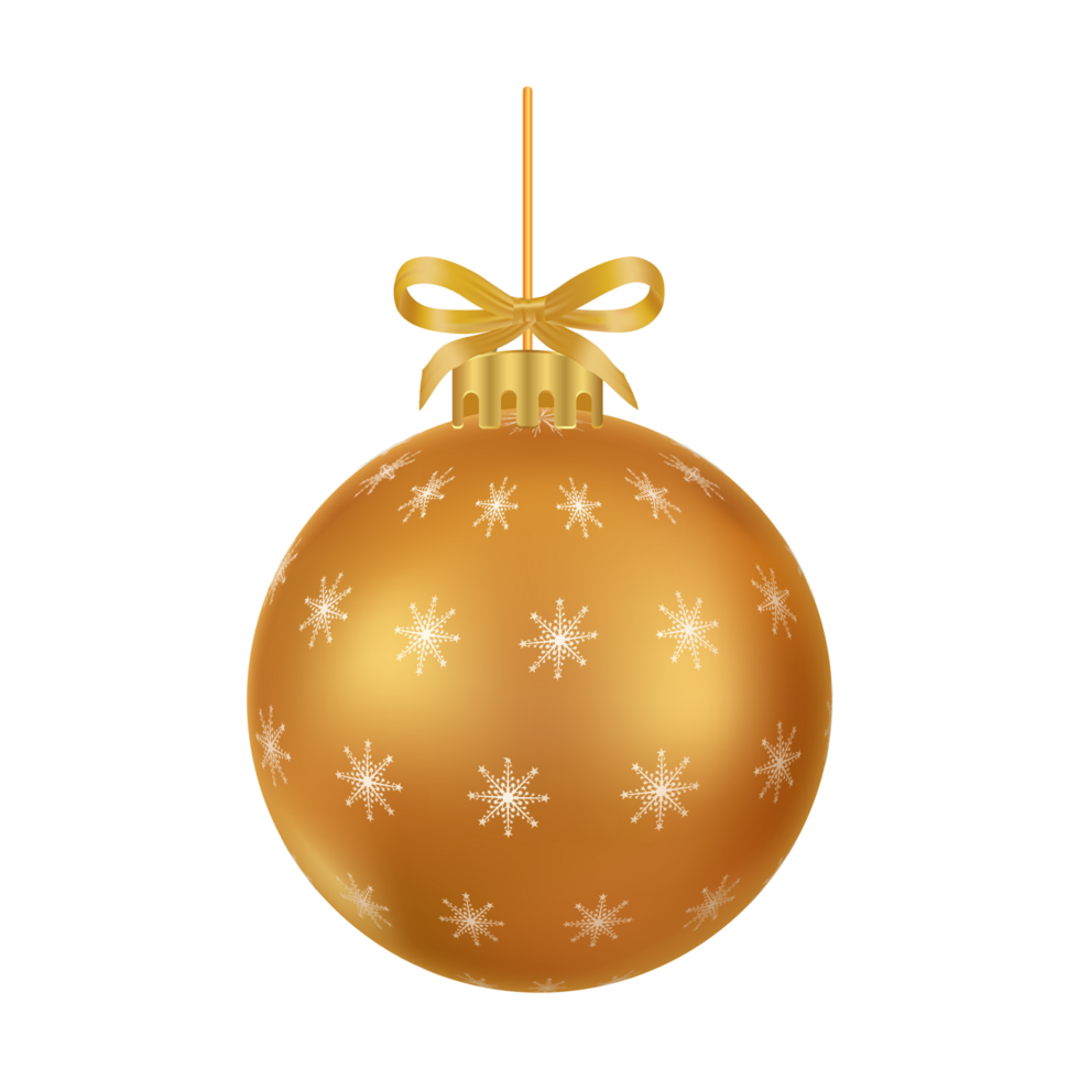 Christmas tree decoration elements PNG with luxurious golden color ribbon. 3D ball PNG with snowflake and stirp art. Realistic 3D ball PNG illustration for Christmas tree decoration.