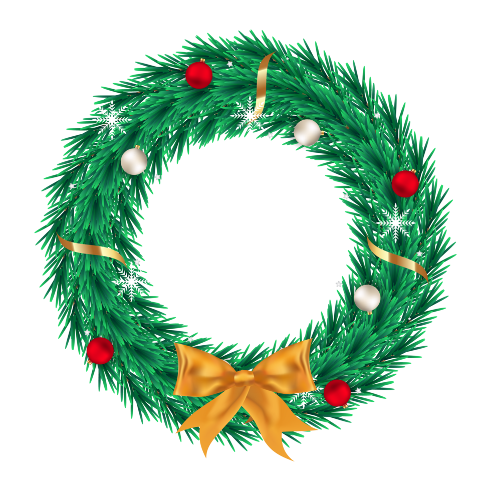 Navidad oscuro verde guirnalda png con blanco y rojo color decorativo pelotas. verde color guirnalda png con copos de nieve y un cinta. Navidad guirnalda diseño con caligrafía en un transparente antecedentes.