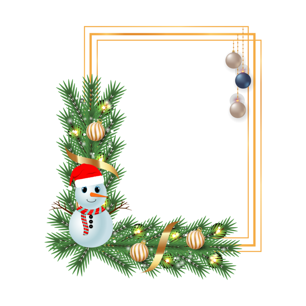 Noël Cadre avec décoration Balle sur une transparent Contexte. Noël Cadre avec une mignonne bonhomme de neige. Noël balle, Noël cadre, vert pin feuilles, flocons de neige, mignonne yeux, bonhomme de neige, décoration balle. png