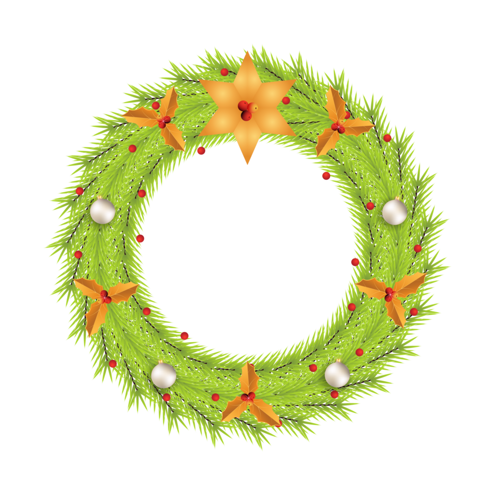 Christmas wreath PNG with white decorative light balls. Green color wreath design with golden leaves and a star. Christmas wreath PNG with white calligraphy and transparent background.