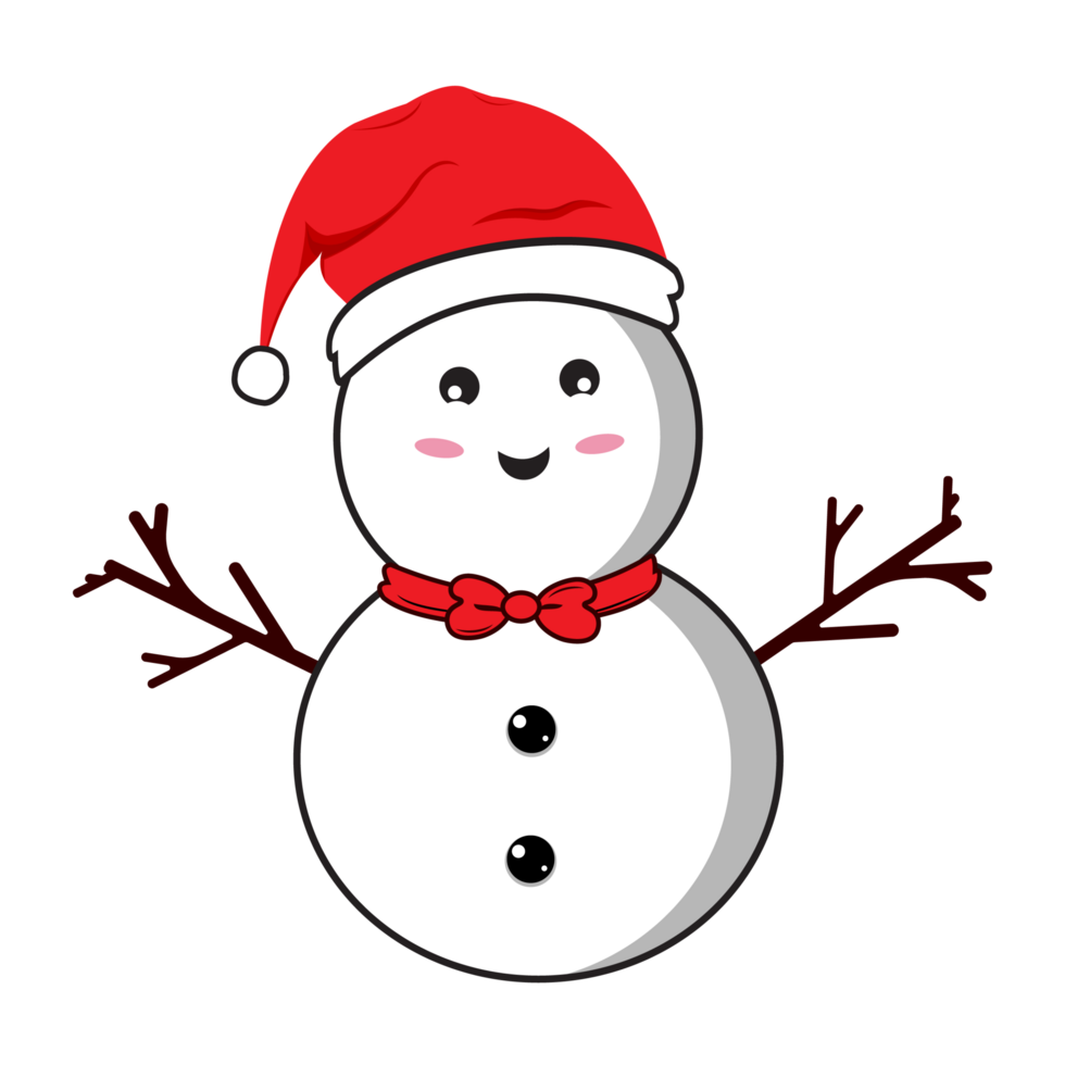 Christmas snowman with smiling faces and hats. Flat snowman on a transparent background. Christmas snowman flat design with tree branches, buttons, bow tie, neck scarf, and carrot noses PNG. png