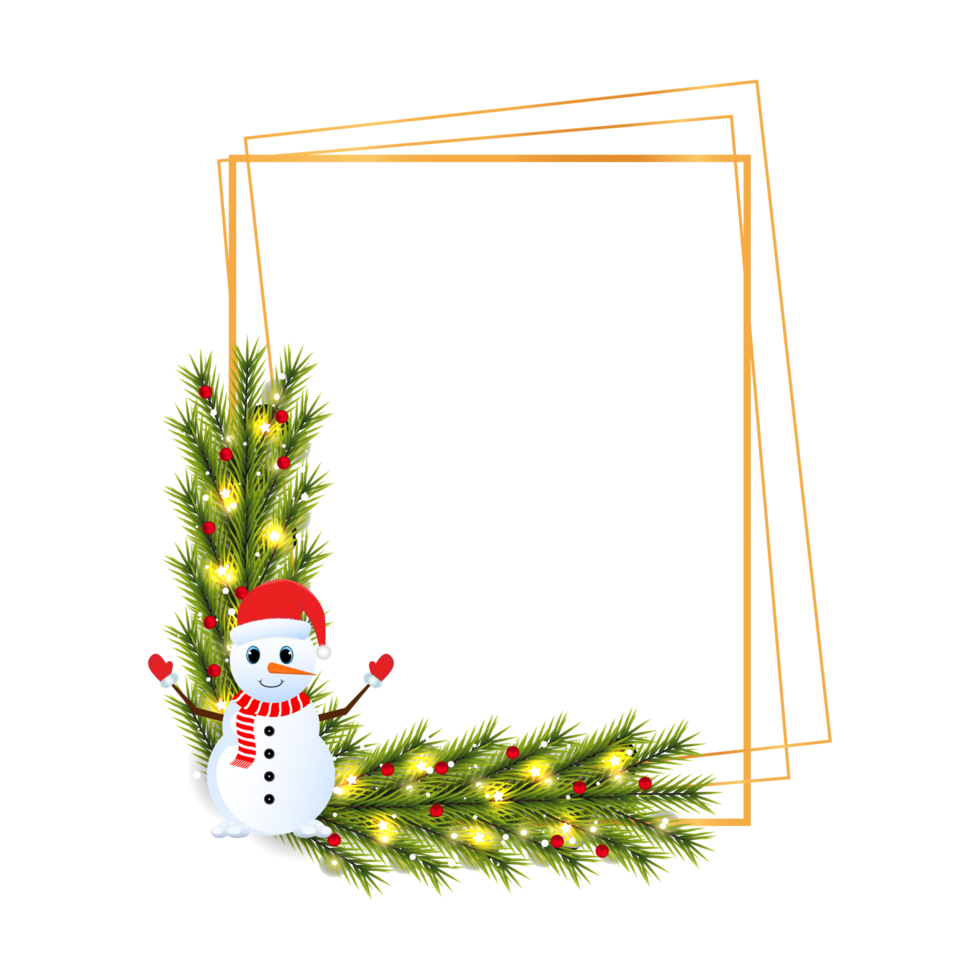 Christmas frame with green leaves on a white background. Xmas frame with a snowman wearing a red hat. Christmas lights, Xmas frame, green leaves, snowflakes, red berries, snowman, star lights. png