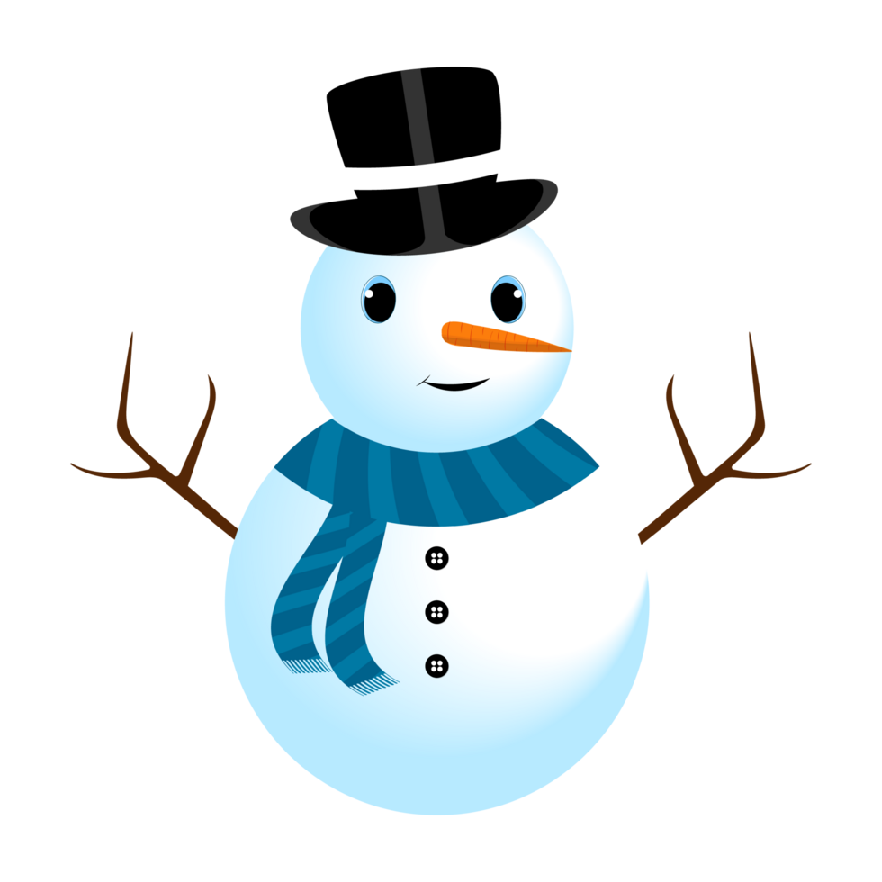 Christmas snowman PNG with cute eyes and a magician hat. A cute snowman on a transparent background. Christmas snowman design with tree branches, buttons, a carrot nose, neck scarf, and smiling face.