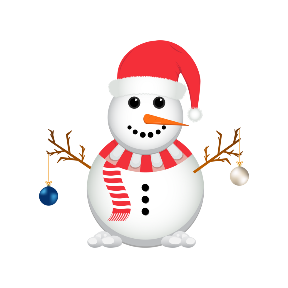 Christmas Snowman with a Santa hat PNG. Transparent background. A Snowman with decoration balls PNG. Christmas element design with blue and white decoration balls, a Santa hat, carrot nose PNG. png