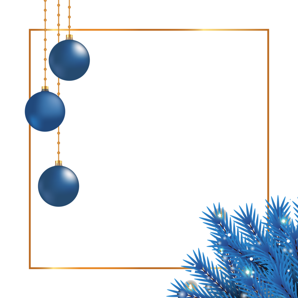 Christmas photo frame PNG with blue decoration ball and blue leaves. Xmas photo frame on transparent background. Merry Christmas photo frame element PNG with glowing snowflakes and a golden frame.