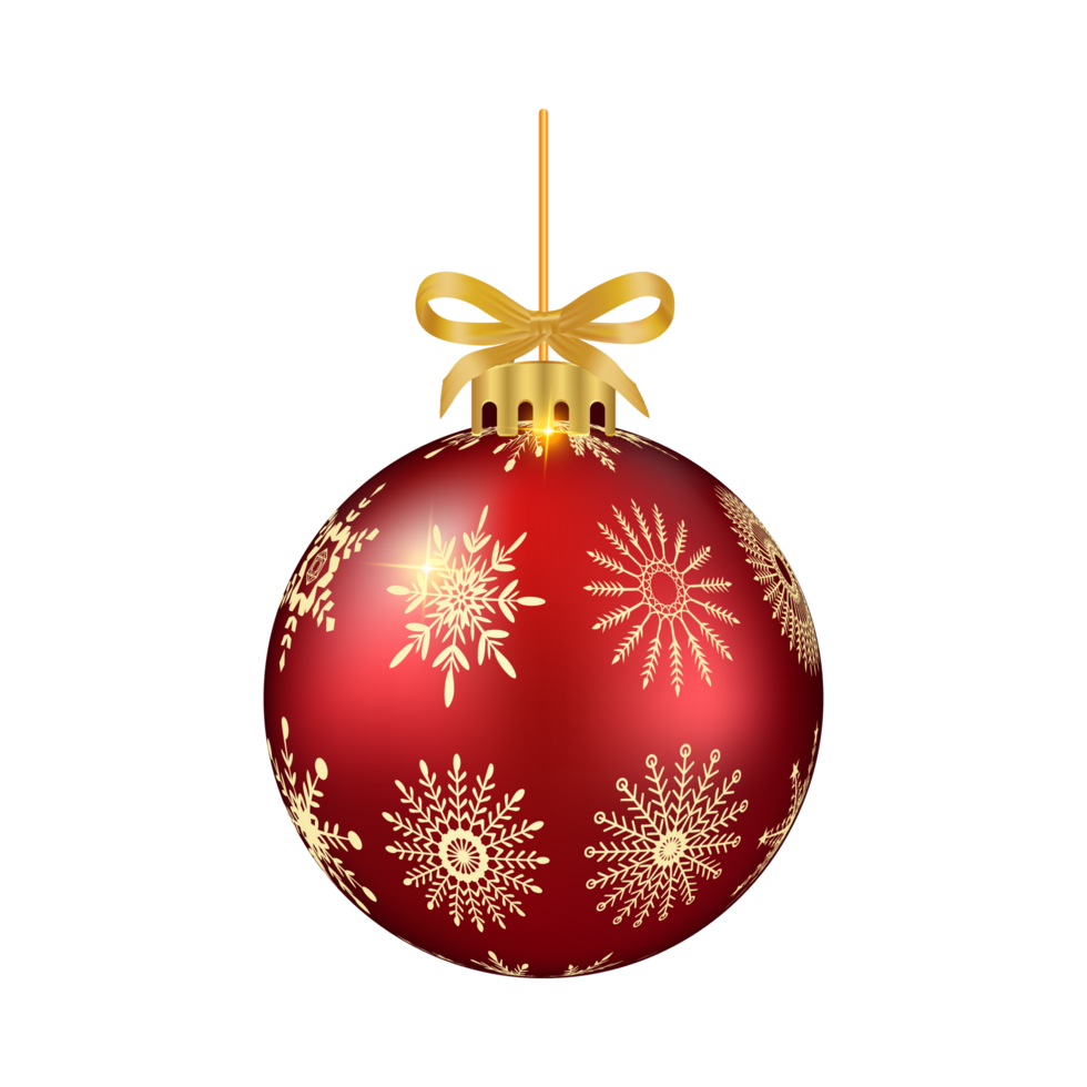 Christmas tree decoration elements PNG with luxurious red and golden colors. 3D ball PNG with snowflake and stirp art. Realistic 3D ball illustration for Christmas tree decoration.