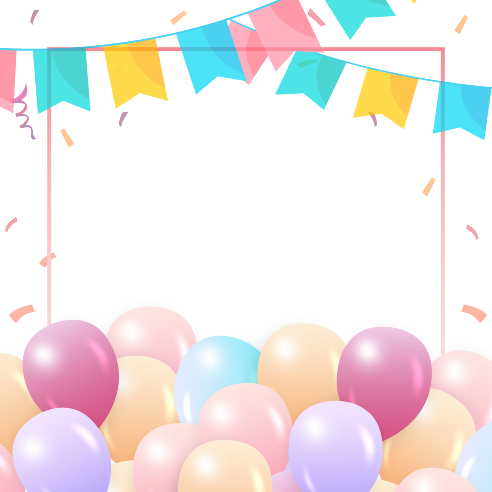 Birthday social media post. Happy birthday frame PNG for social media posts with a lot of balloons and confetti. Happy birthday wish with pink calligraphy. Colorful confetti background, party elements